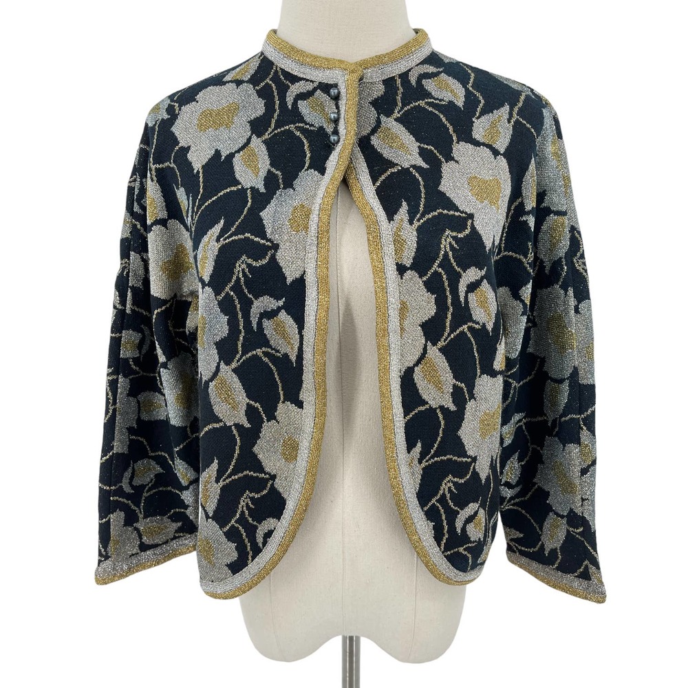 Vintage 60s Black Metallic Floral Cardigan Sweater Gold Knits by Thayer Size 12